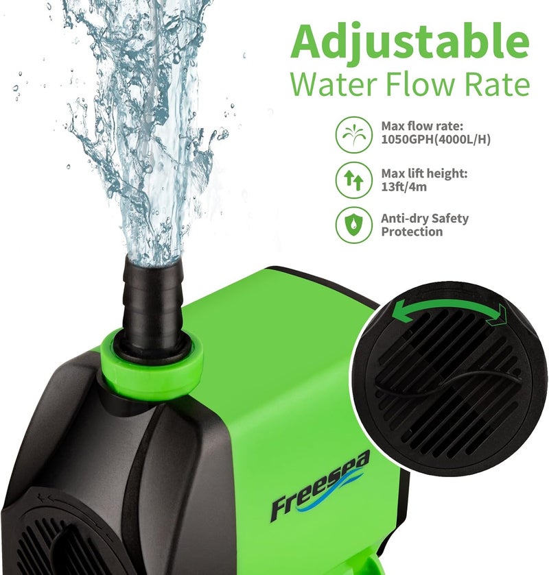 FREESEA Pond Submersible Water Pump: 1050GPH 100W Adjustable Ultra Quiet Fountain Pump with 6.5ft Tubing for Aquarium Fish Tank | Outdoor | Small Pond | Waterfall | Hydroponics - Image 2